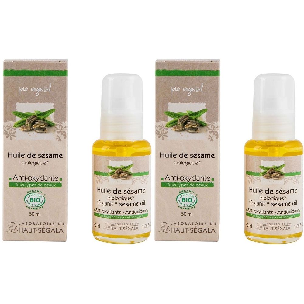 Drei Flaschen Sesamöl mit Kartonverpackung. Aufschrift: Huile de sésame biologique, Anti-oxydante, BIO-Siegel. 50 ml. Laboratoire du Haut-Ségala.