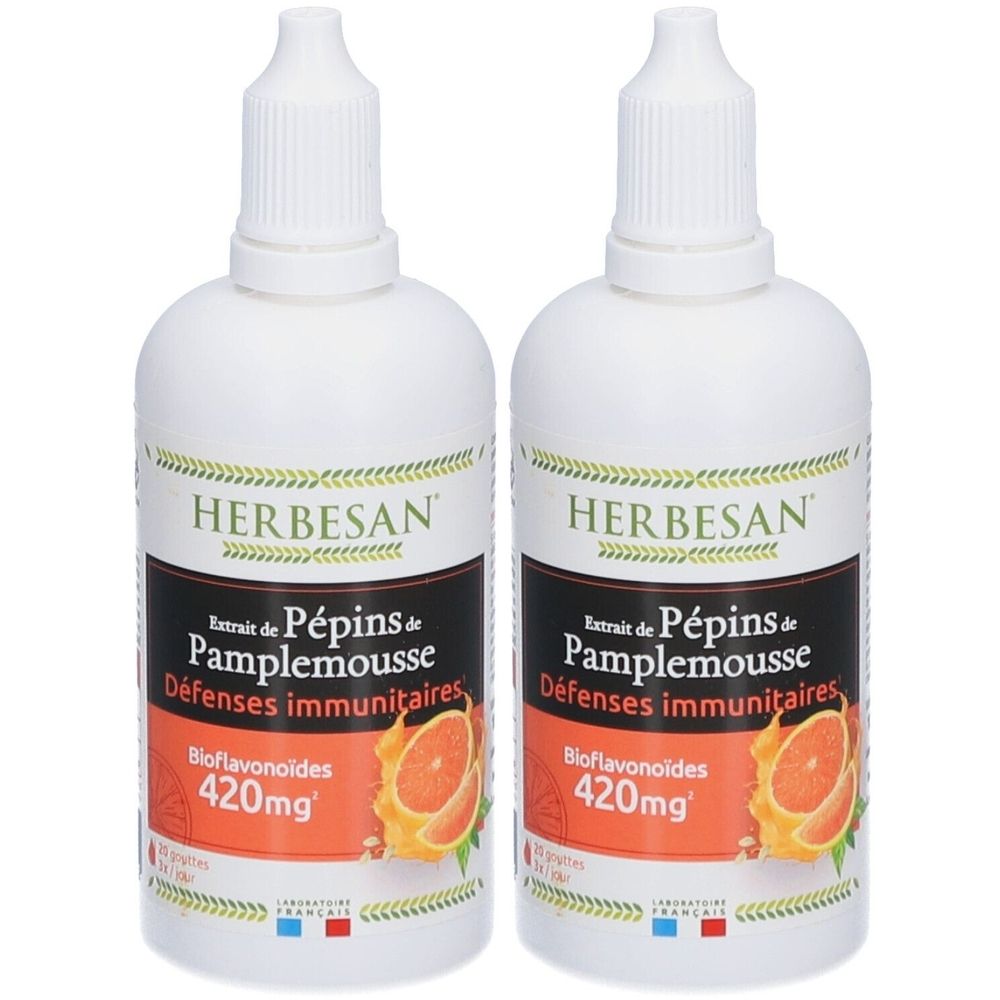 Zwei weiße Flaschen mit dem Etikett "HERBESAN". Aufschrift: Extrait de Pépins de Pamplemousse, Défenses immunitaires, 420mg Bioflavonoïdes.