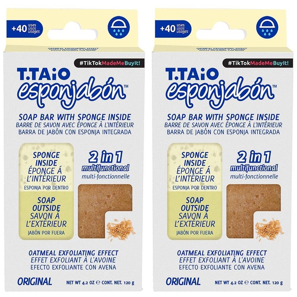 Deux boîtes de savon. Inscription : T.TAiO esponjabón, savon avec éponge, 2 en 1. Effet exfoliant à l'avoine.