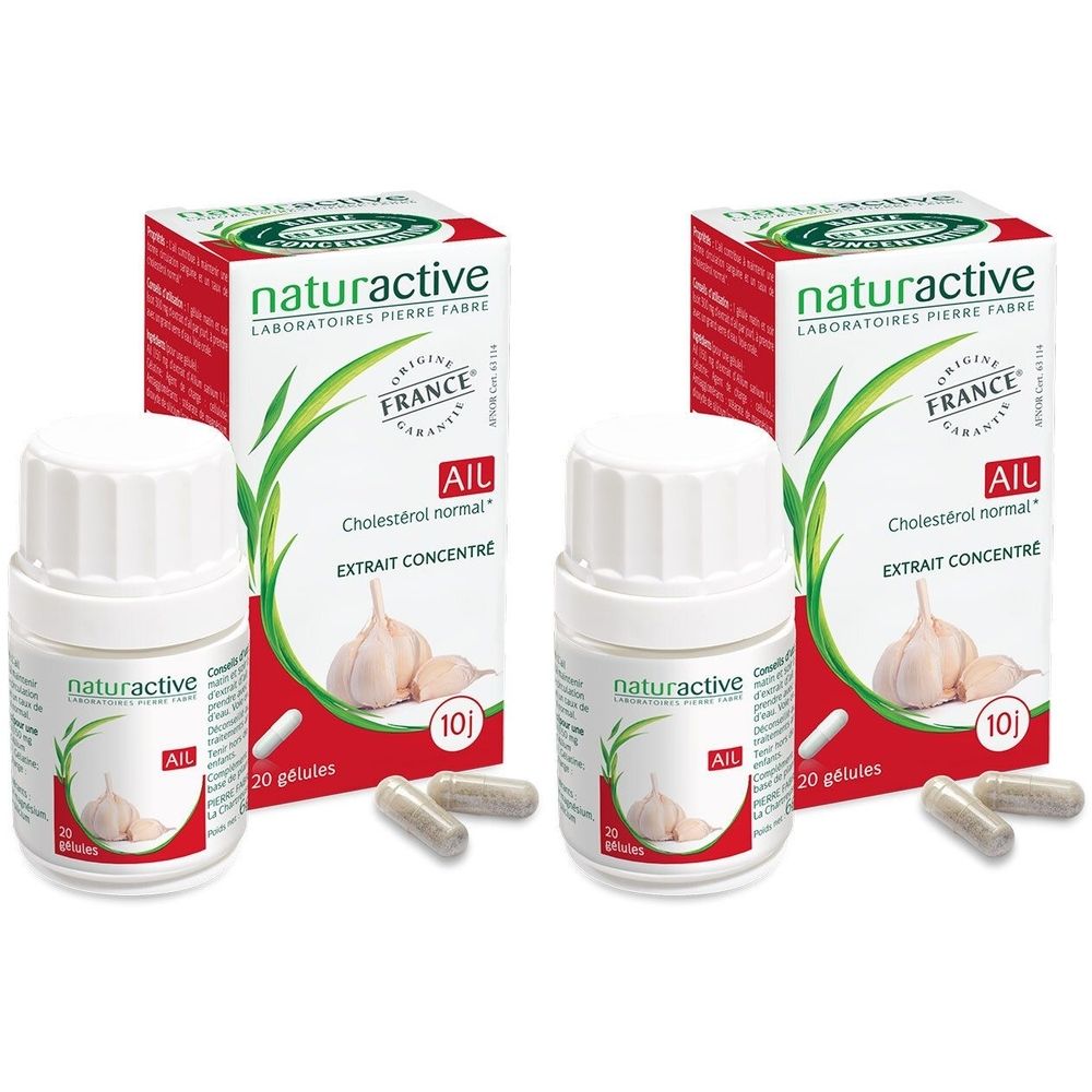Deux flacons et deux boîtes de gélules. Inscription : Naturactive, Ail, Extrait Concentré, 20 gélules. Origine France.