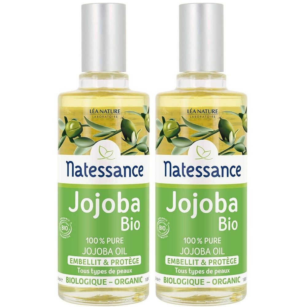Deux flacons de Jojoba Bio. Étiquettes avec Natessance, Jojoba Bio, 100% huile de jojoba pure. Certification biologique. Pour tous types de peaux.