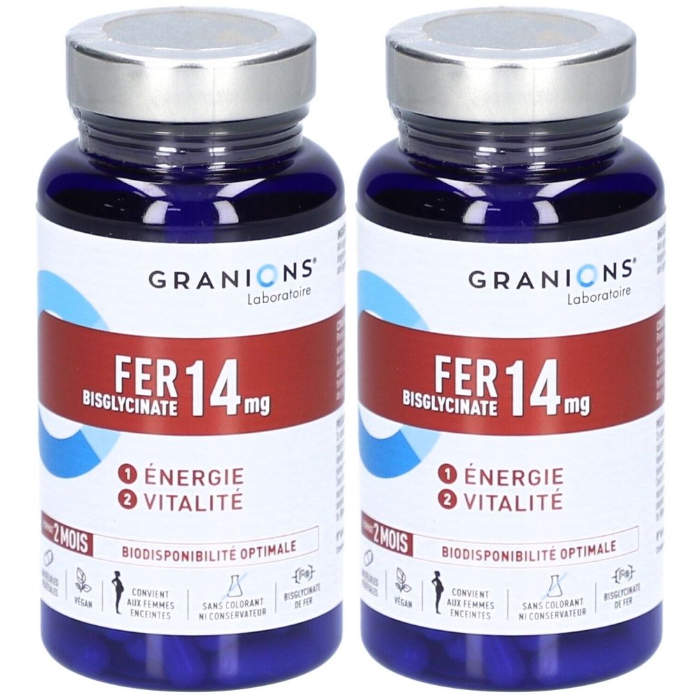 Deux flacons bleus avec couvercles argentés. Étiquette : GRANIONS, FER 14 mg, Bisglycinate, Énergie, Vitalité. 2 mois.