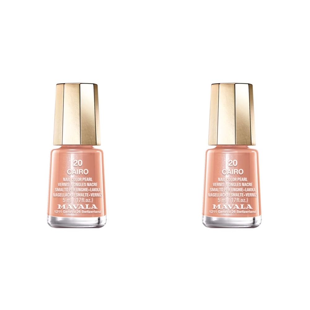 Zwei Flakons Nagellack, Farbe Creme Cairo, mit goldfarbenen Kappen. Aufschrift: 20 Cairo, Mavala.