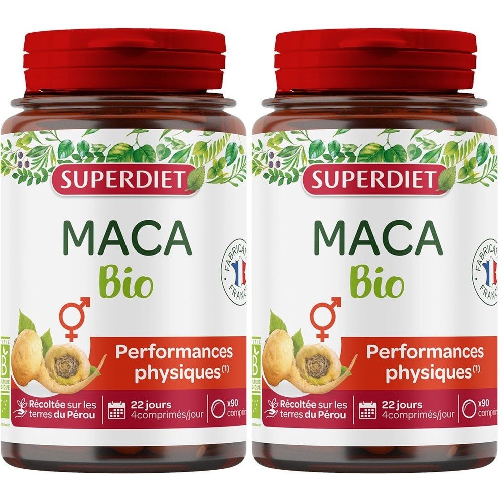 Deux flacons avec bouchons rouges. Étiquette : SUPERDIET, MACA Bio, Performances physiques. Drapeau français.