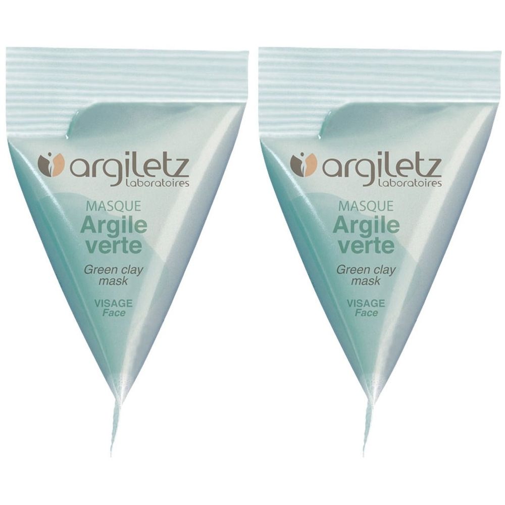 Deux sachets de masque à l'argile verte. Inscription : Argiletz, Masque Argile verte, Green clay mask, Visage Face.