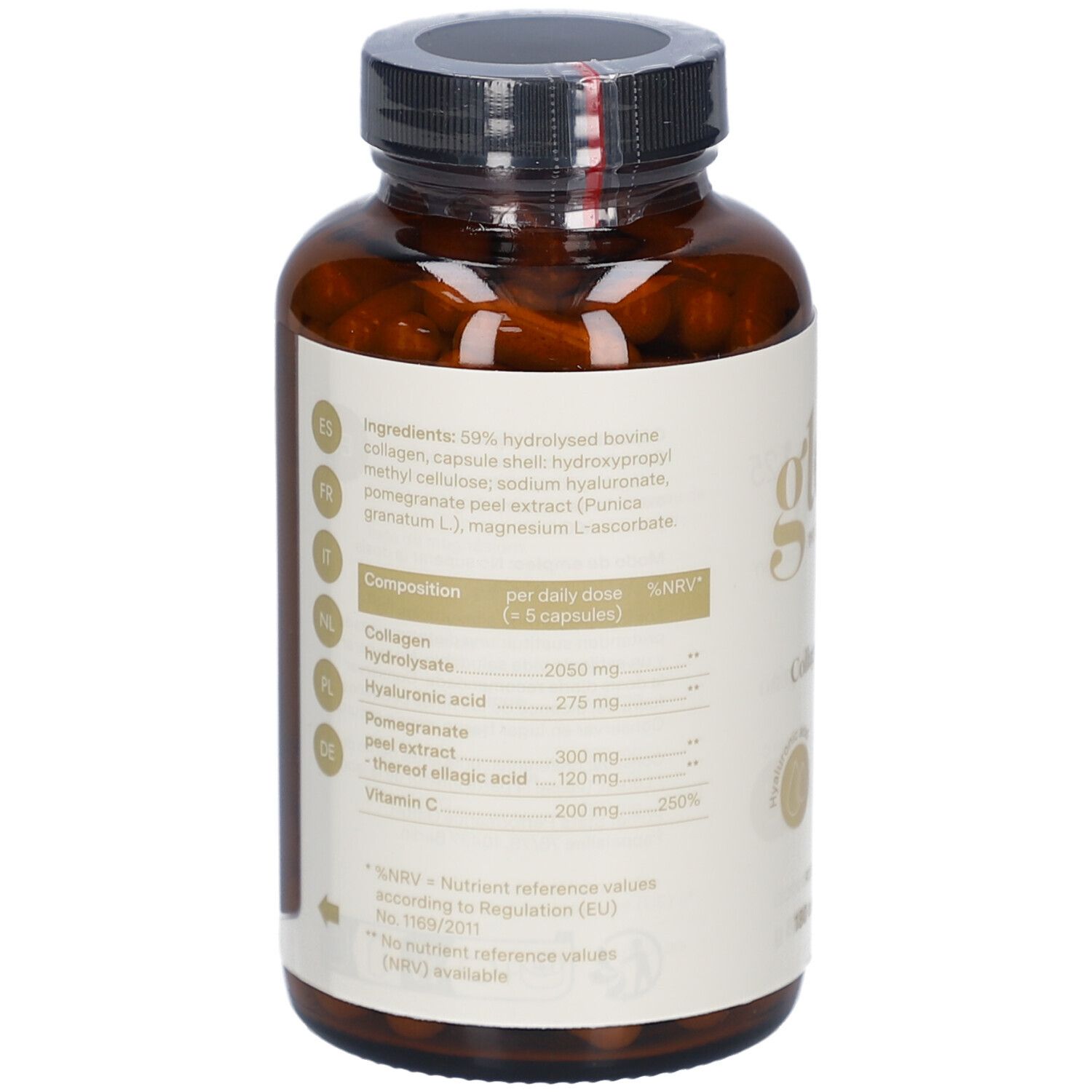 Rückseite der Flasche mit Inhaltsstoffen und Nährwertangaben. Enthält Kollagen, Hyaluronsäure, Granatapfelextrakt und Vitamin C.