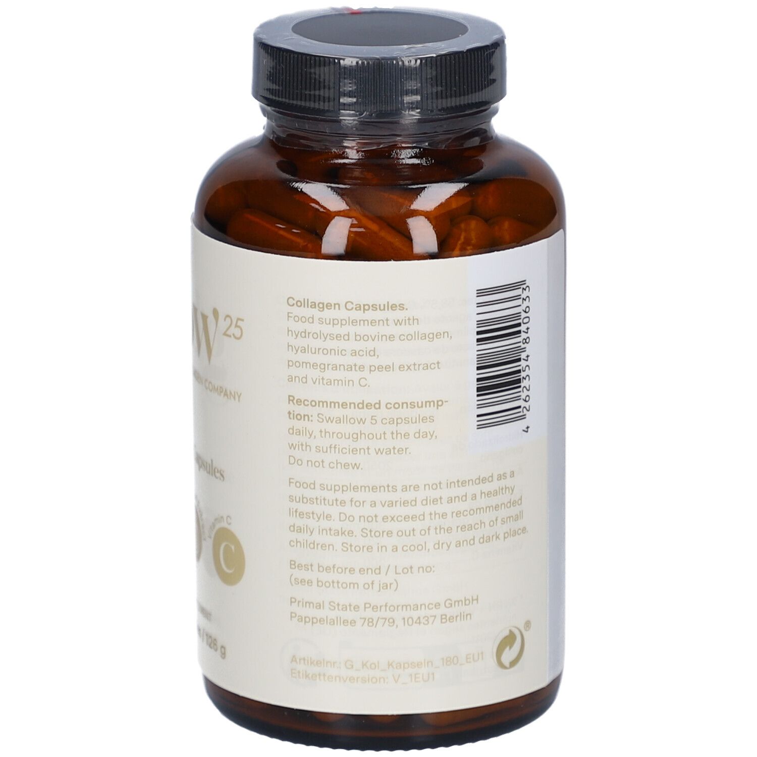 Rückseite der Flasche mit Informationen. Enthält Collagen Capsules. Empfohlene Dosierung, Inhaltsstoffe, und Herstellerinformationen.