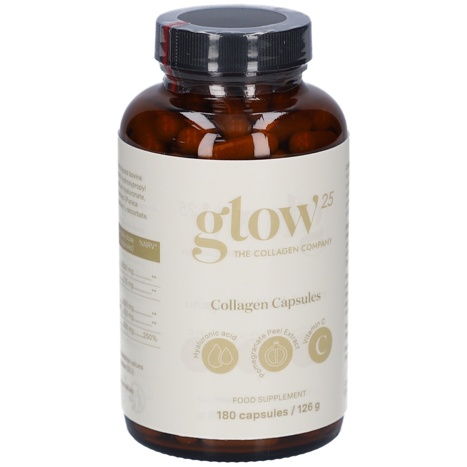 Braune Flasche mit Kapseln. Aufschrift: Glow25, Collagen Capsules, Hyaluronsäure, Granatapfelextrakt, Vitamin C. 180 Kapseln.