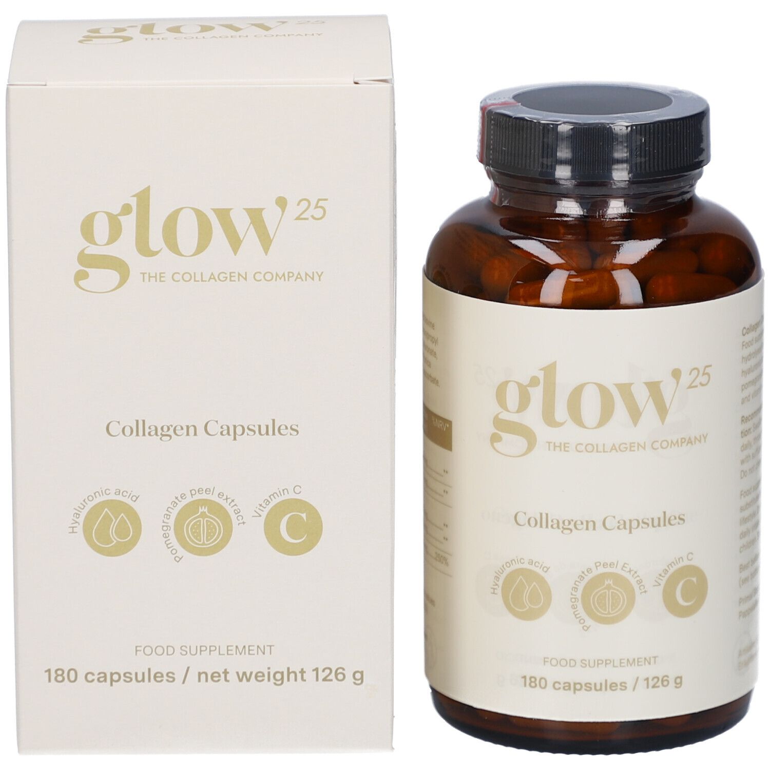 Produktverpackung. Weiße Schachtel und braune Flasche mit Kapseln. Aufschrift: Glow25, Collagen Capsules. 180 Kapseln.