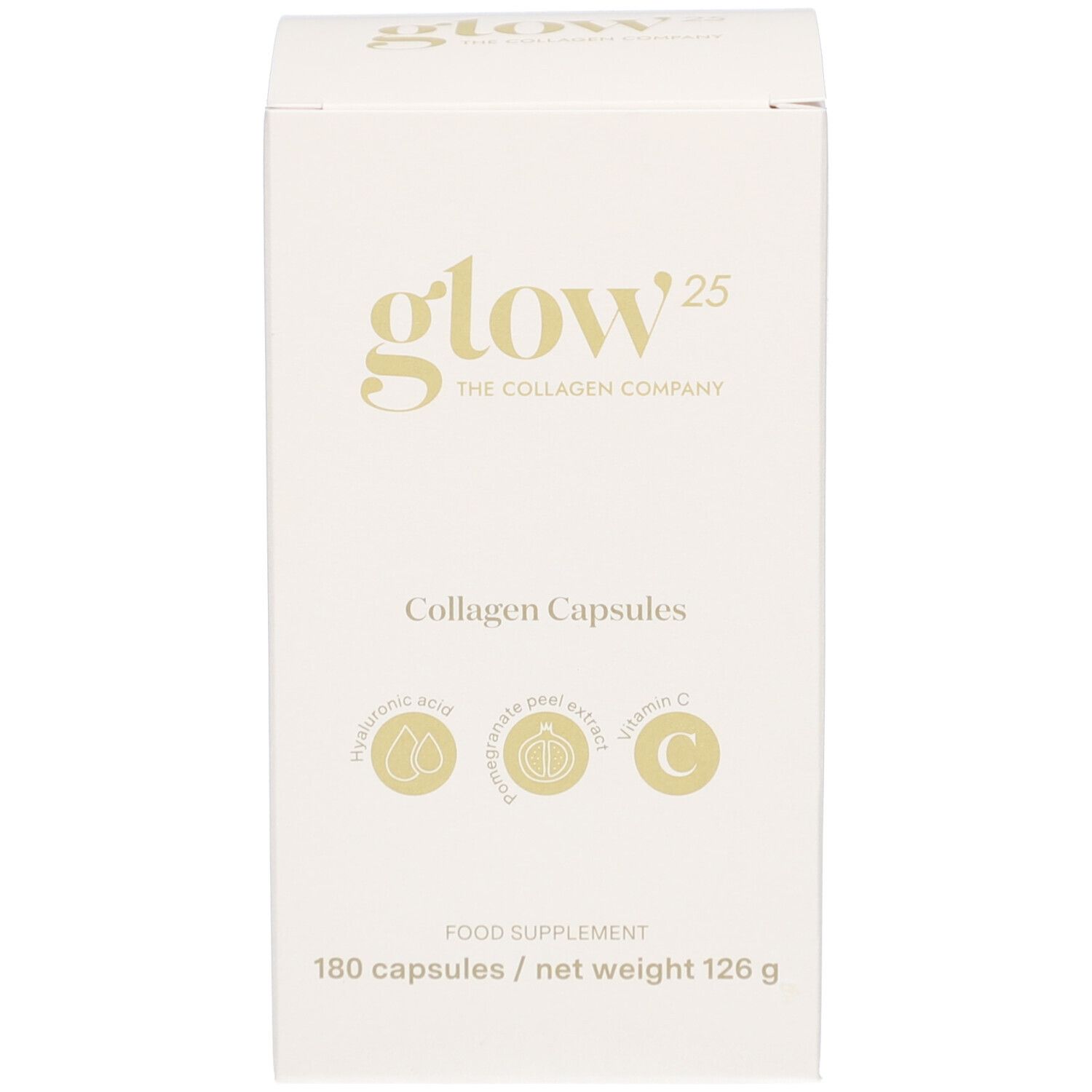 Weiße Schachtel mit Aufschrift: Glow25, Collagen Capsules. Enthält Hyaluronsäure, Granatapfelextrakt, Vitamin C. 180 Kapseln.