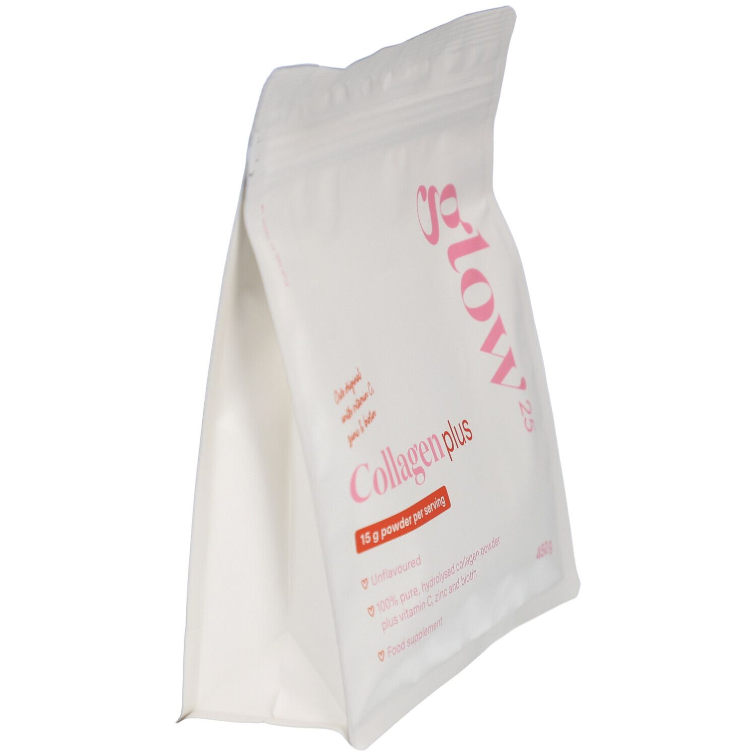 Sachet blanc avec impression rose. Contient du collagène plus, 15g de poudre par portion. 450g. Avec vitamine C, zinc et biotine.
