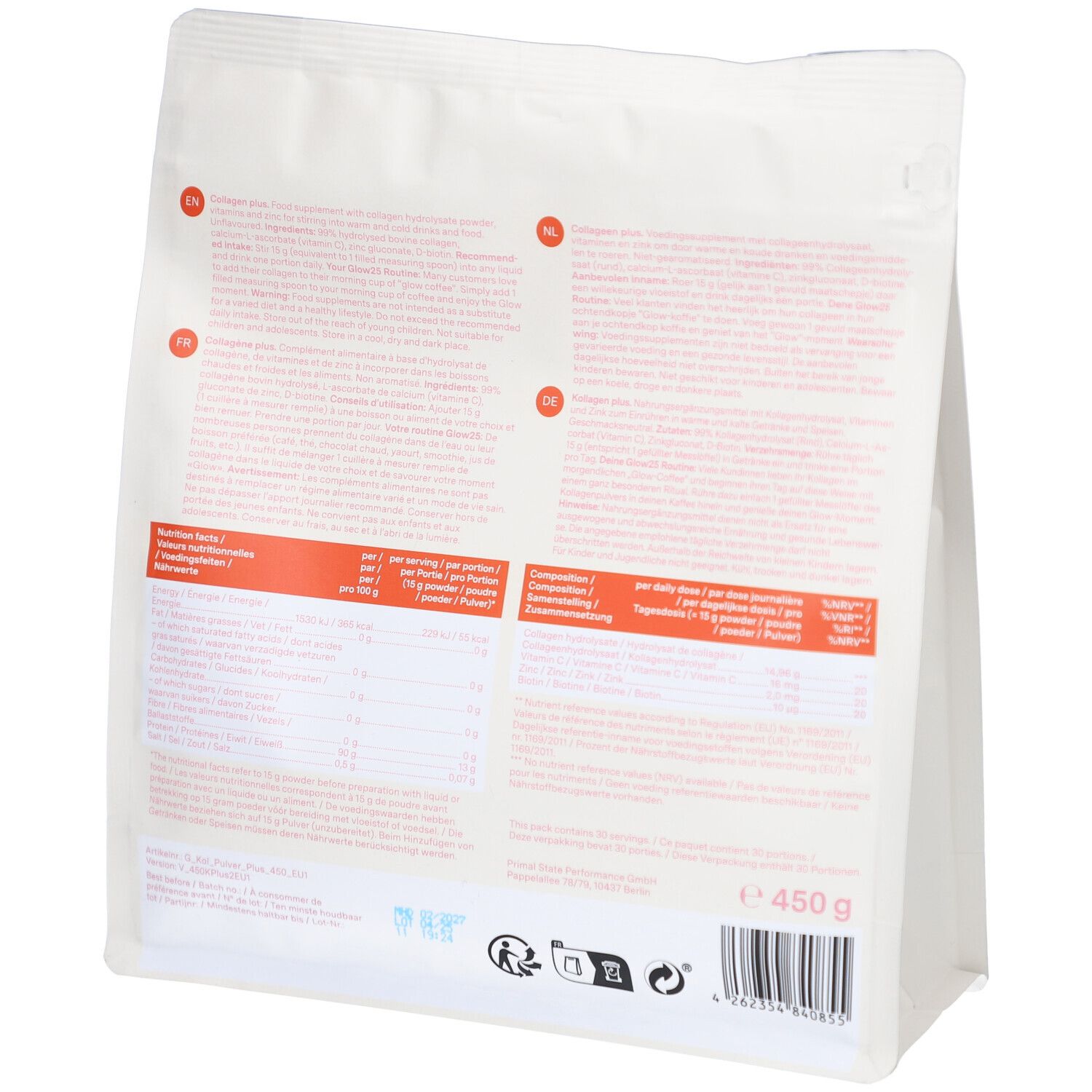 Dos d'un sachet blanc. Contient des informations sur les valeurs nutritionnelles et les ingrédients. 450g. Avec vitamine C, zinc et biotine.