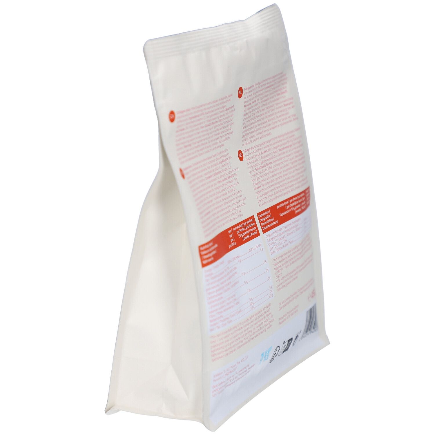 Dos d'un sachet blanc. Contient des informations sur les valeurs nutritionnelles et les ingrédients. 450g. Avec vitamine C, zinc et biotine.