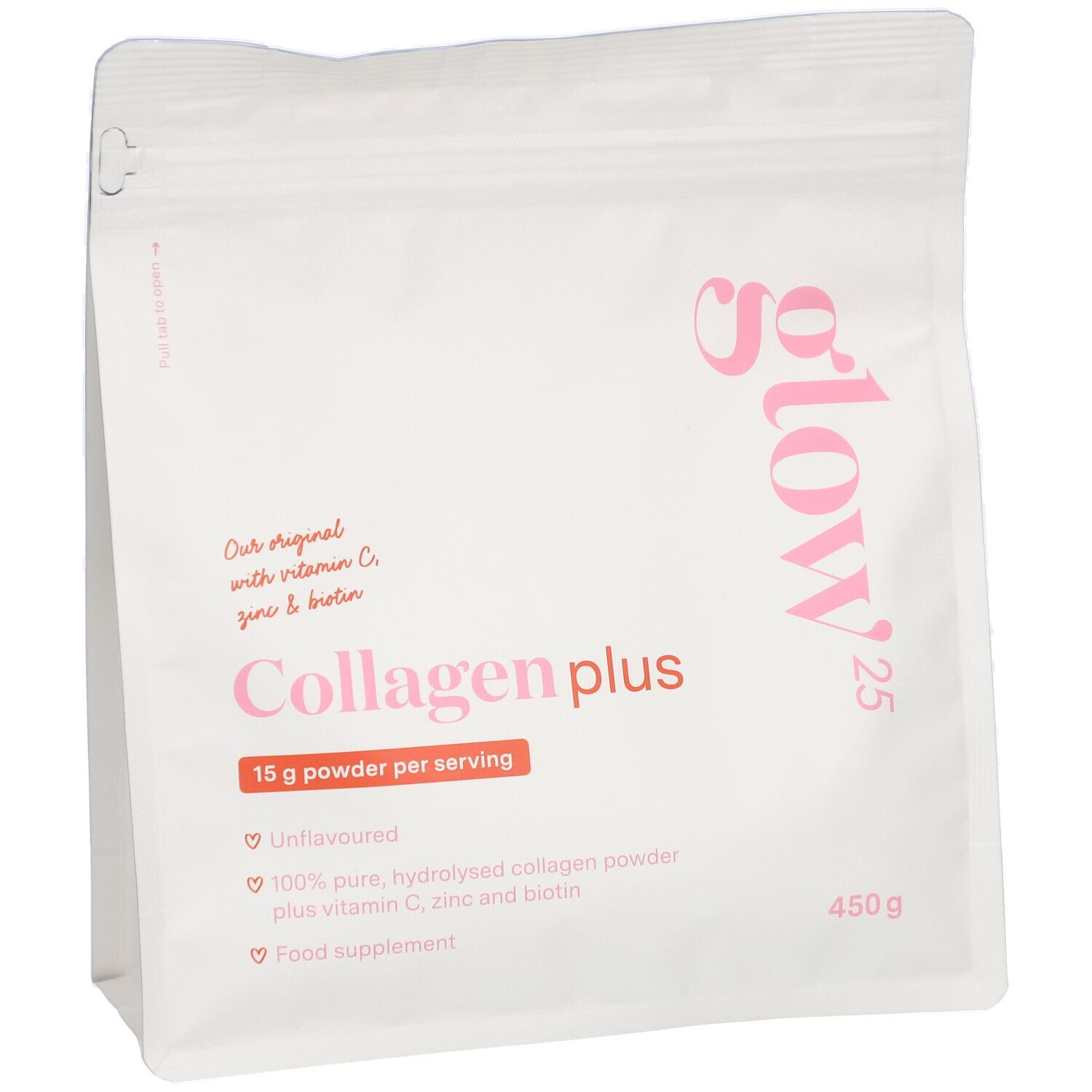 Sachet blanc avec impression rose. Contient du collagène plus, 15g de poudre par portion. 450g. Avec vitamine C, zinc et biotine.