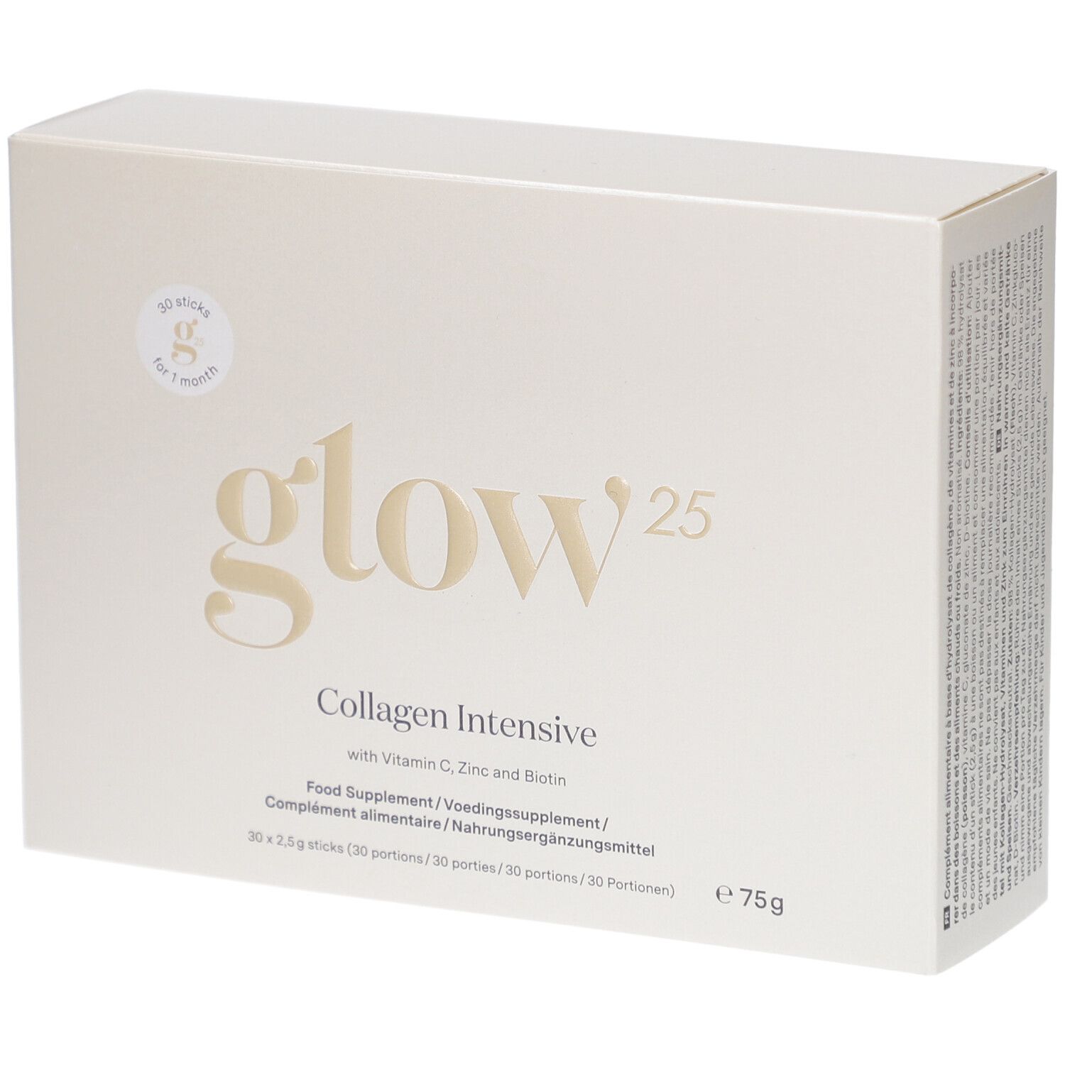 Boîte en carton beige avec logo "glow25" et texte "Collagen Intensive". Contient 30 sticks pour un mois.