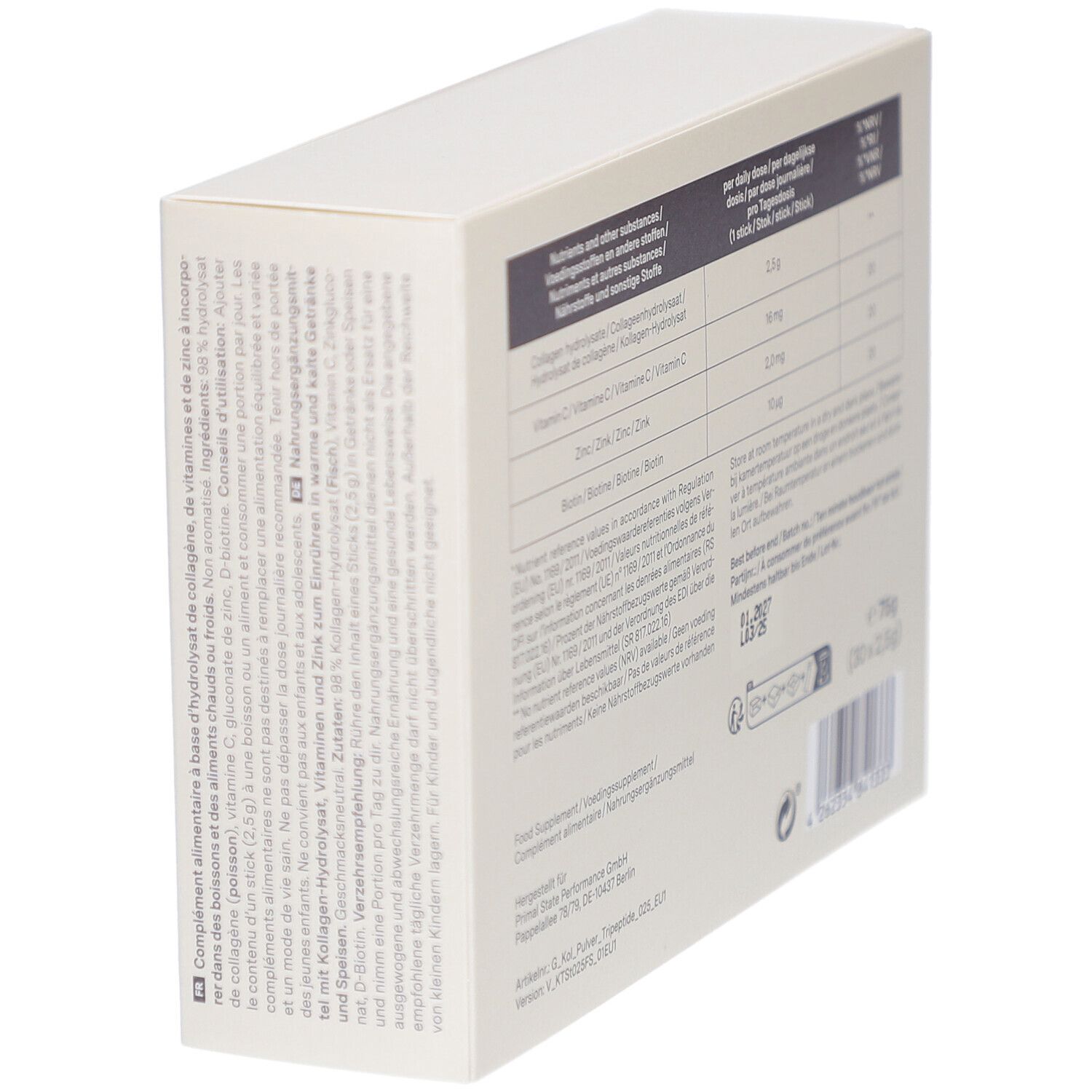 Dos de la boîte en carton en biais. Contient des informations nutritionnelles et des informations en plusieurs langues.