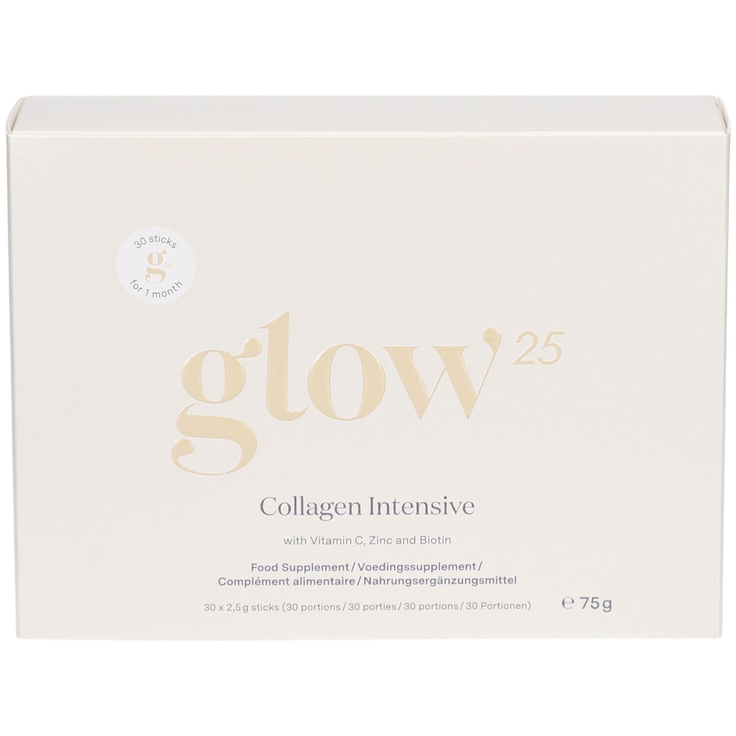 Boîte en carton beige avec logo "glow25" et texte "Collagen Intensive". Contient 30 sticks pour un mois.