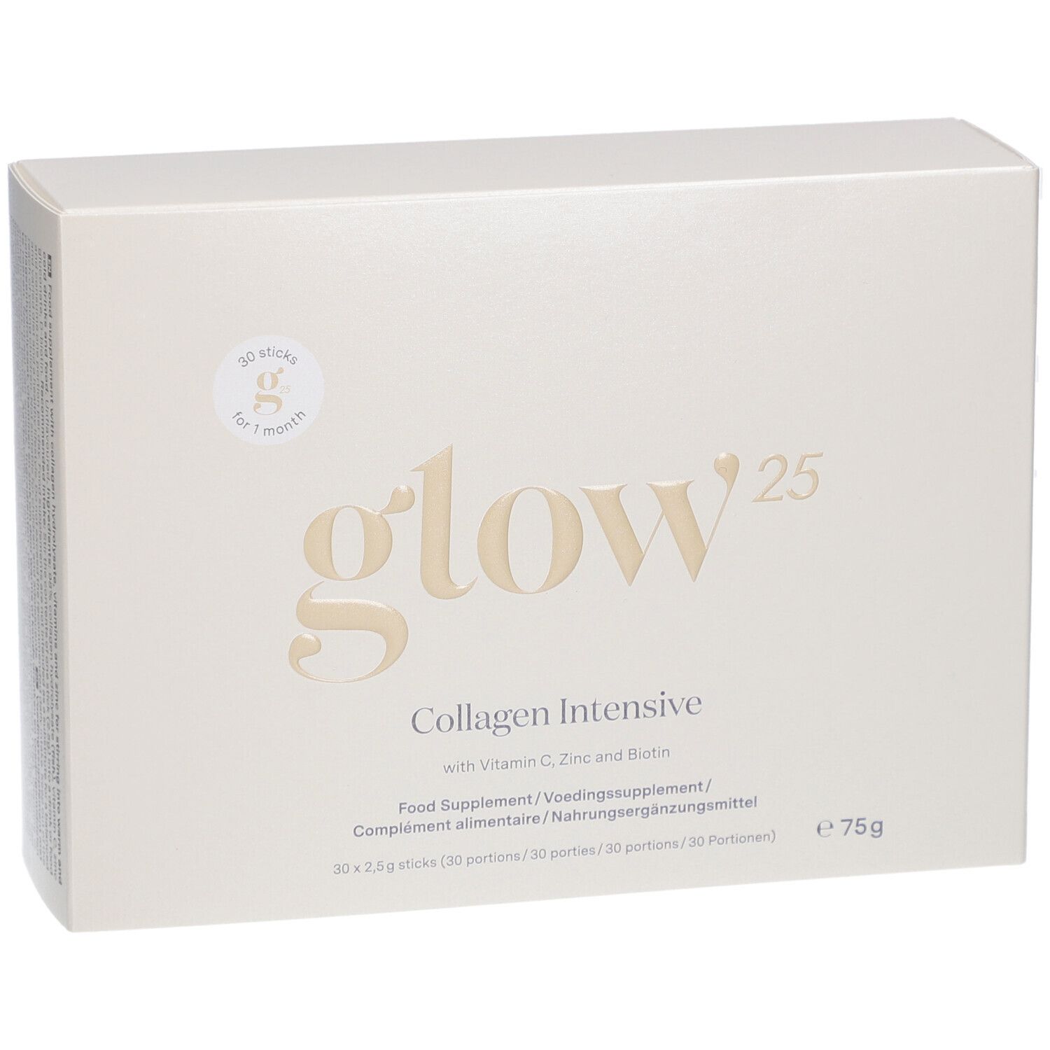 Boîte en carton beige avec logo "glow25" et texte "Collagen Intensive". Contient 30 sticks pour un mois.