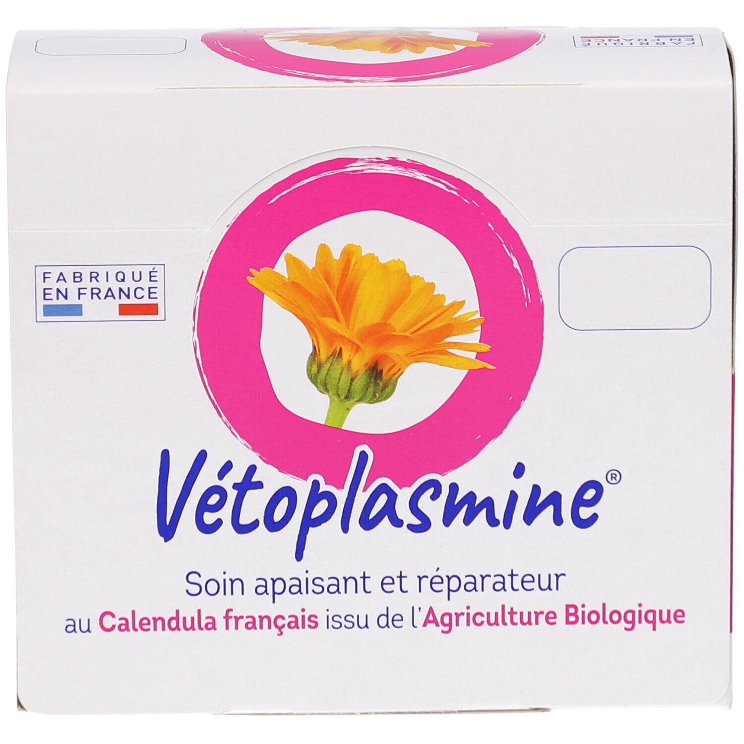 Weißer Karton mit rosa Akzenten. Aufdruck: Vétoplasmine, Ring mit Blüte, Text. Hergestellt in Frankreich. BOIRON-Logo.