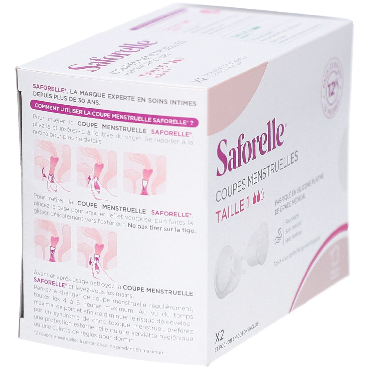 Boîte SAFORELLE Coupes Menstruelles Taille 1. Rose et blanc. Illustrations d'utilisation. Texte: Comment utiliser la coupe menstruelle SAFORELLE?
