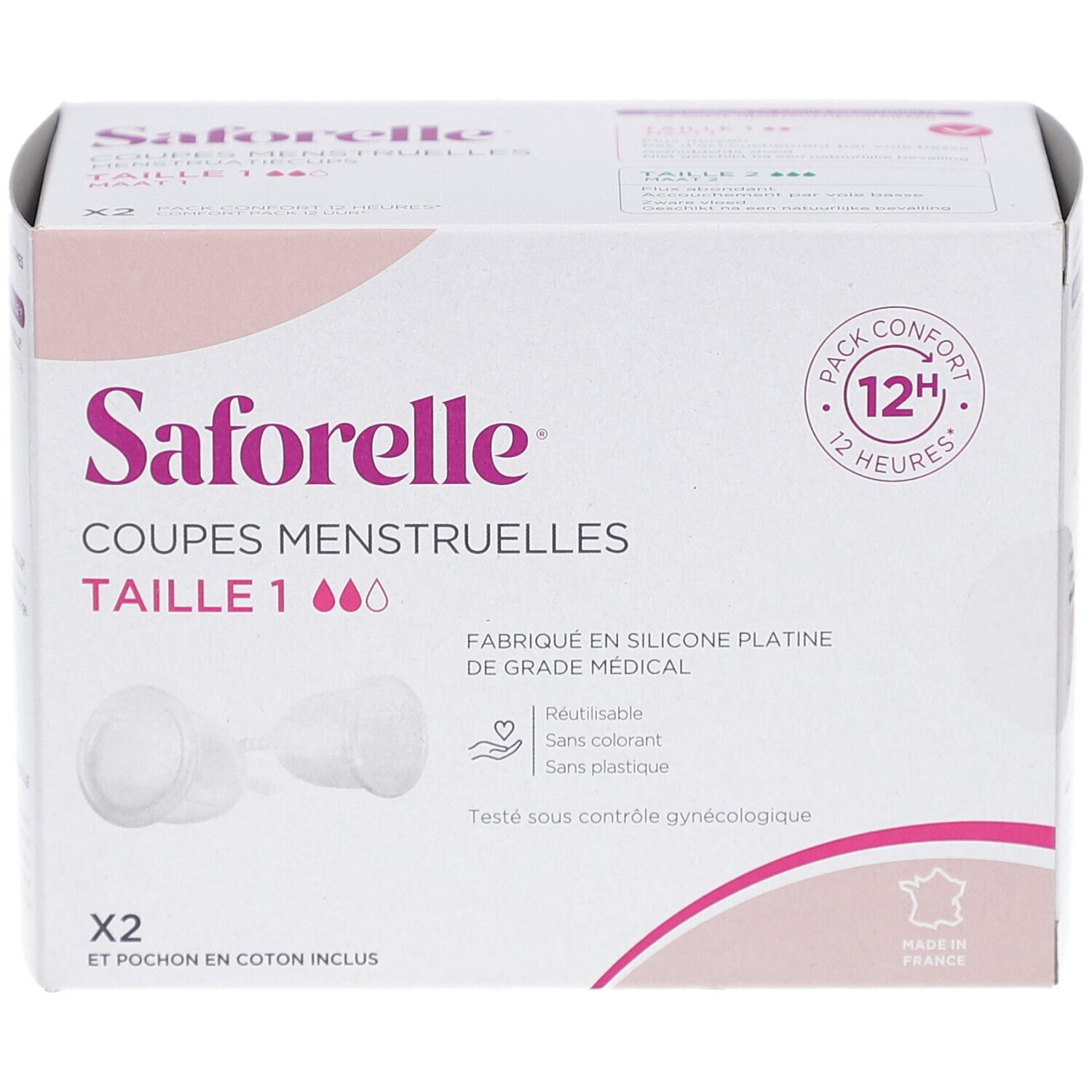 Boîte SAFORELLE Coupes Menstruelles Taille 1. Rose et blanc. Deux coupes menstruelles visibles. Texte: Fabriqué en silicone platine de grade médical.