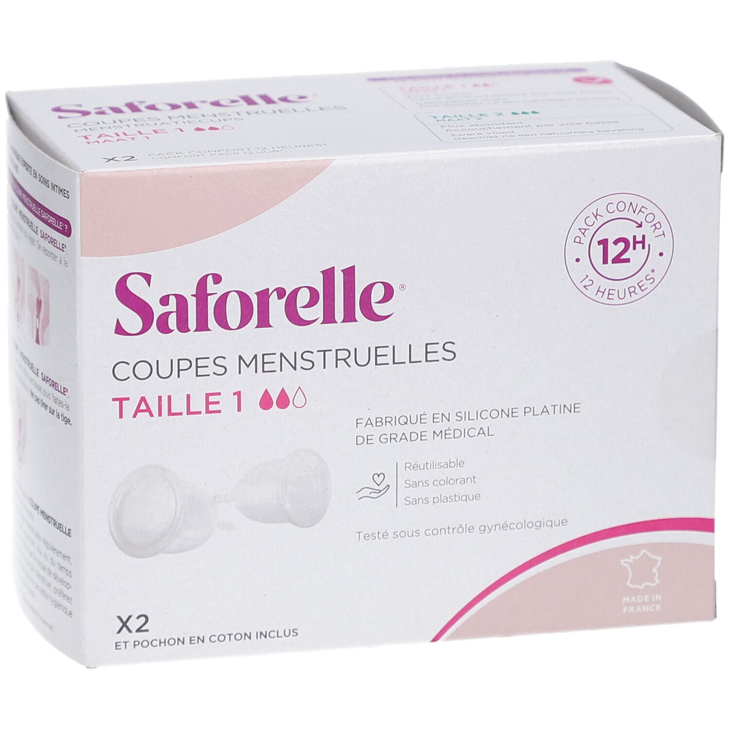Boîte SAFORELLE Coupes Menstruelles Taille 1. Rose et blanc. Deux coupes menstruelles visibles. Texte: Fabriqué en silicone platine de grade médical.