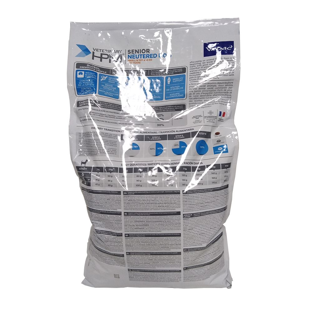 Rückseite des Hundefutterbeutels. Text und Diagramme. Transparente Verpackung.