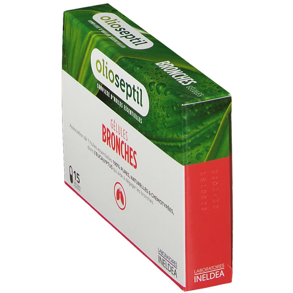 Boîte de gélules Olioseptil-Bronches. Emballage vert avec nom et logo du produit. Contient 15 gélules.