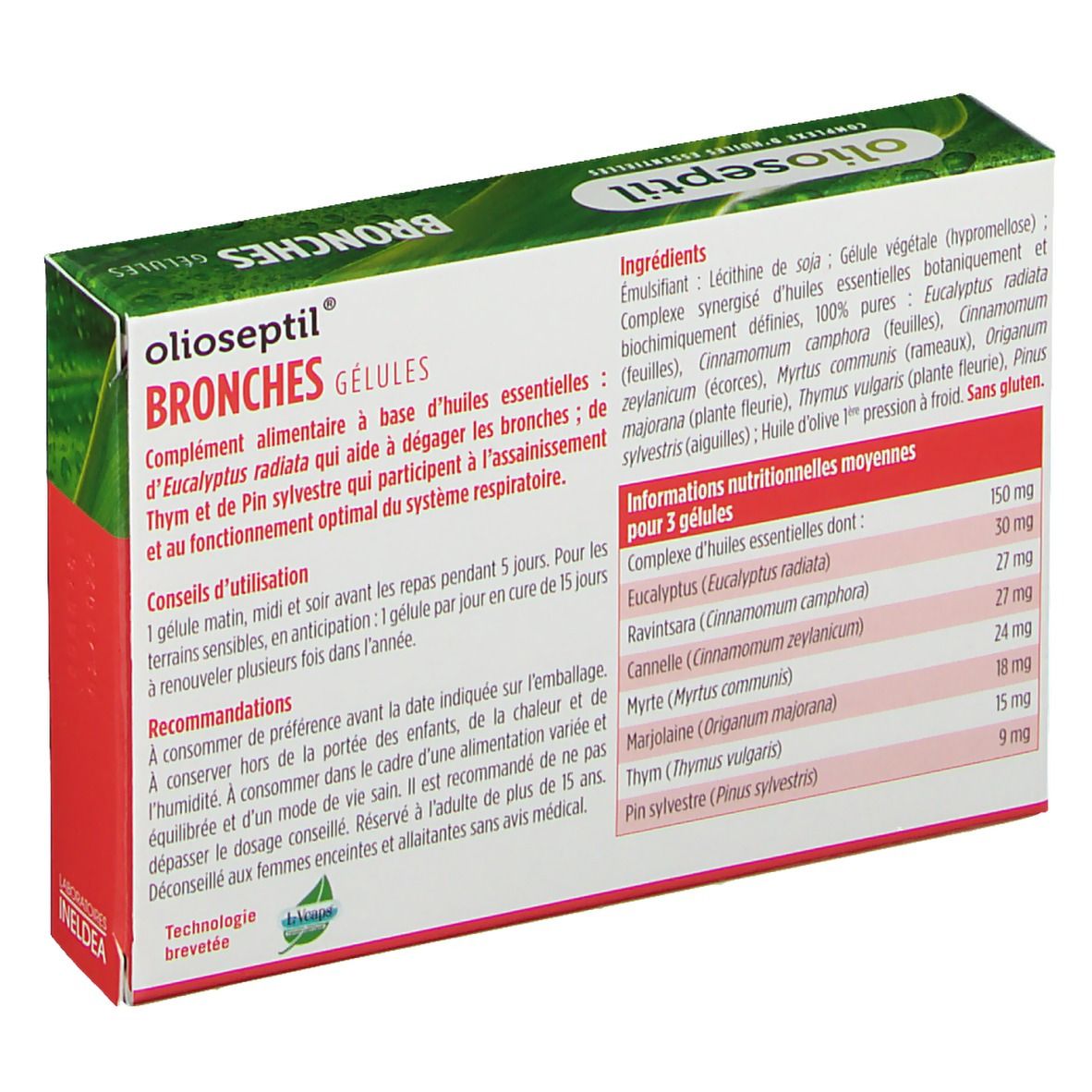 Dos de la boîte de gélules Olioseptil-Bronches. Liste des ingrédients et informations nutritionnelles. Texte en français.