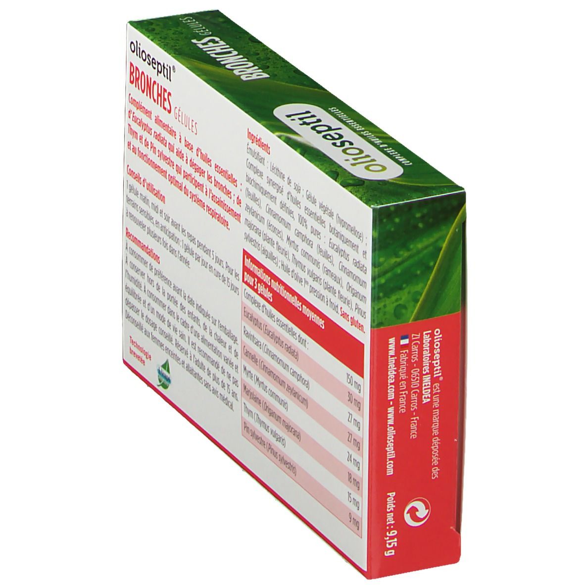 Boîte de gélules Olioseptil-Bronches. Liste des ingrédients et informations nutritionnelles. Texte en français.