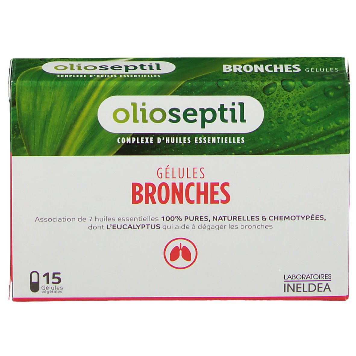 Boîte de gélules Olioseptil-Bronches. Emballage vert et blanc avec nom et logo du produit. Contient 15 gélules.