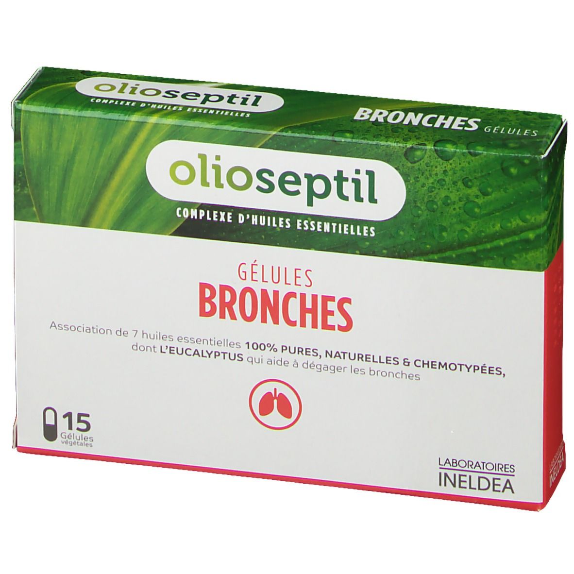 Boîte de gélules Olioseptil-Bronches. Emballage vert et blanc avec nom et logo du produit. Contient 15 gélules.