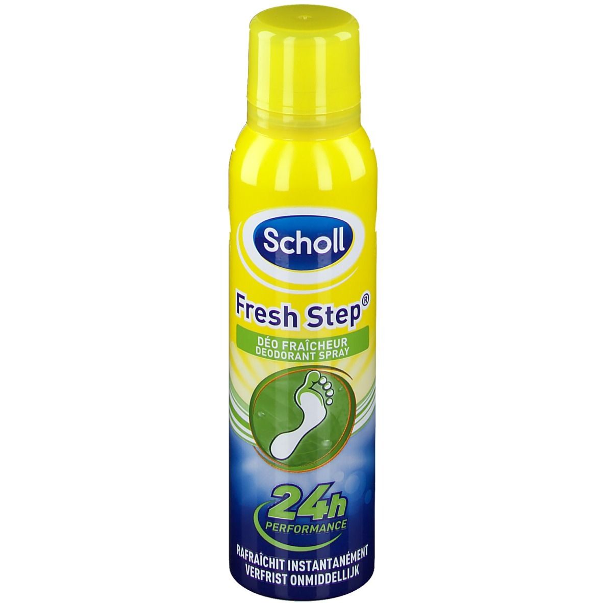 Bombe aérosol jaune avec bouchon jaune. Inscription : Scholl Fresh Step. Symbole d'empreinte de pied. 24h Performance.