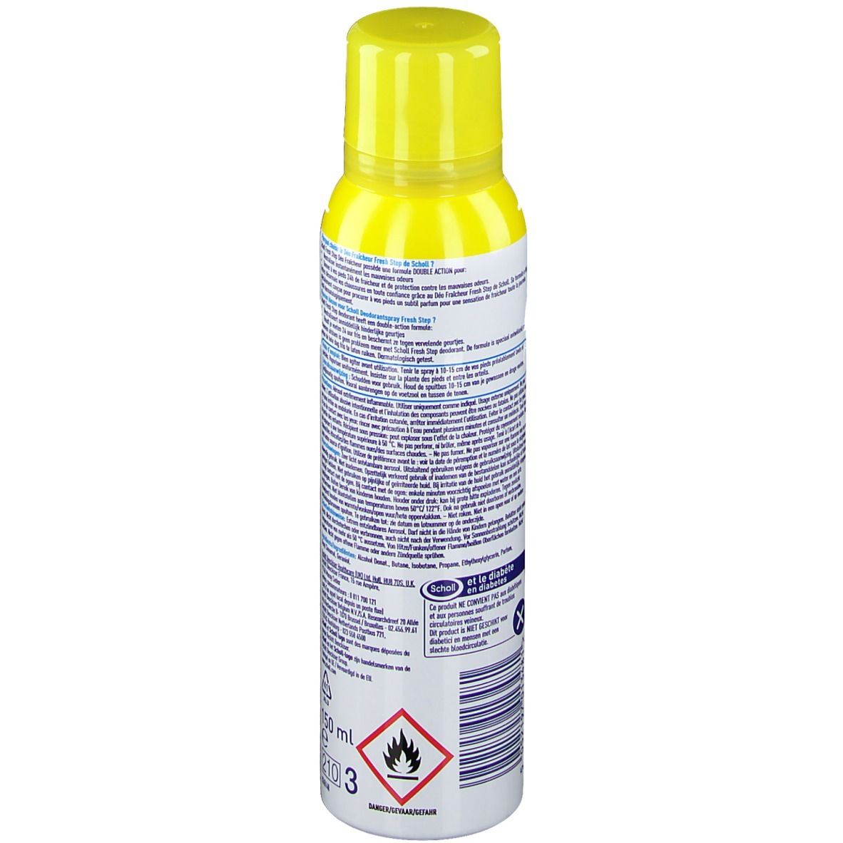 Bombe aérosol jaune avec bouchon jaune. Dos avec texte et symboles, dont un symbole de danger et 150 ml.
