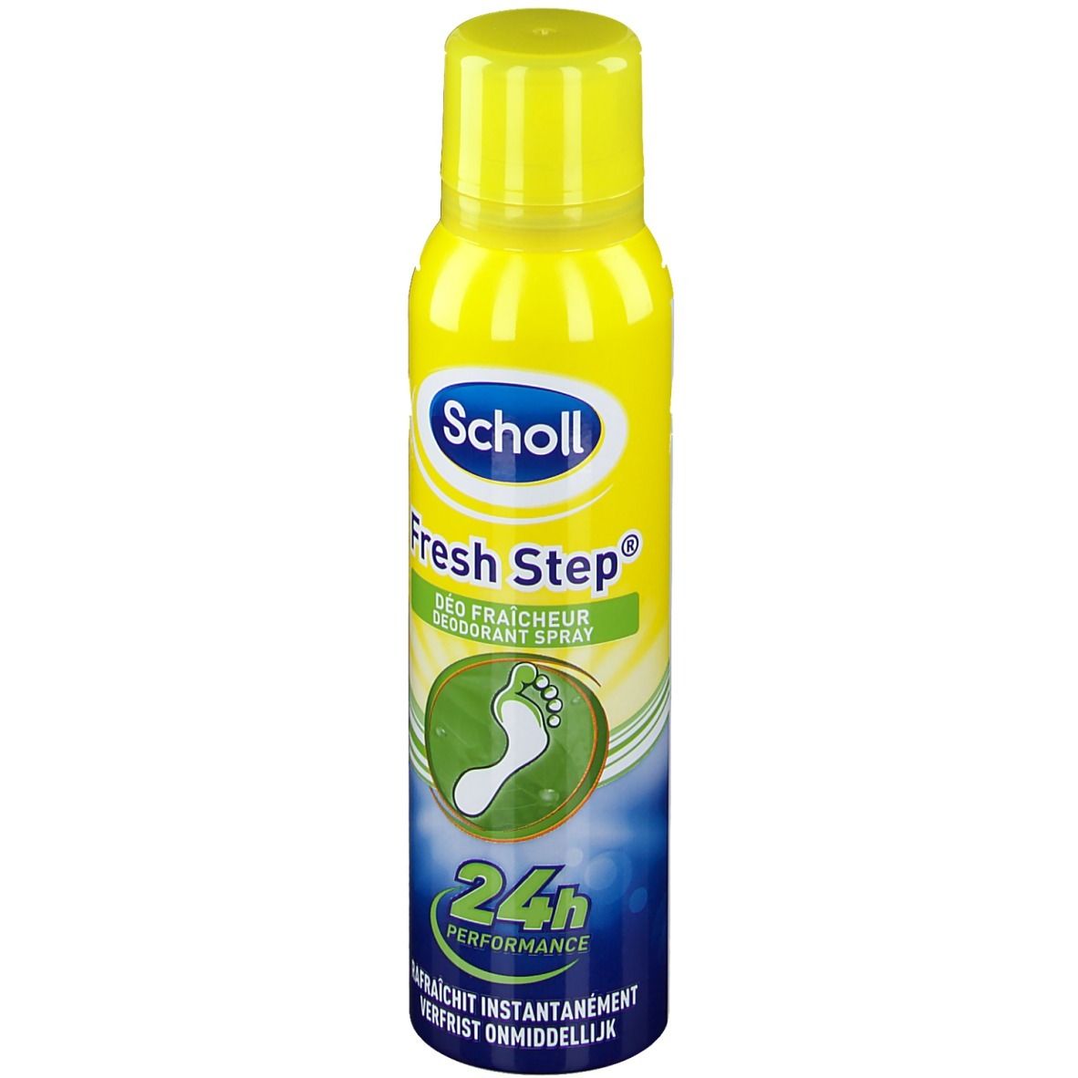 Bombe aérosol jaune avec bouchon jaune. Inscription : Scholl Fresh Step. Symbole d'empreinte de pied. 24h Performance.