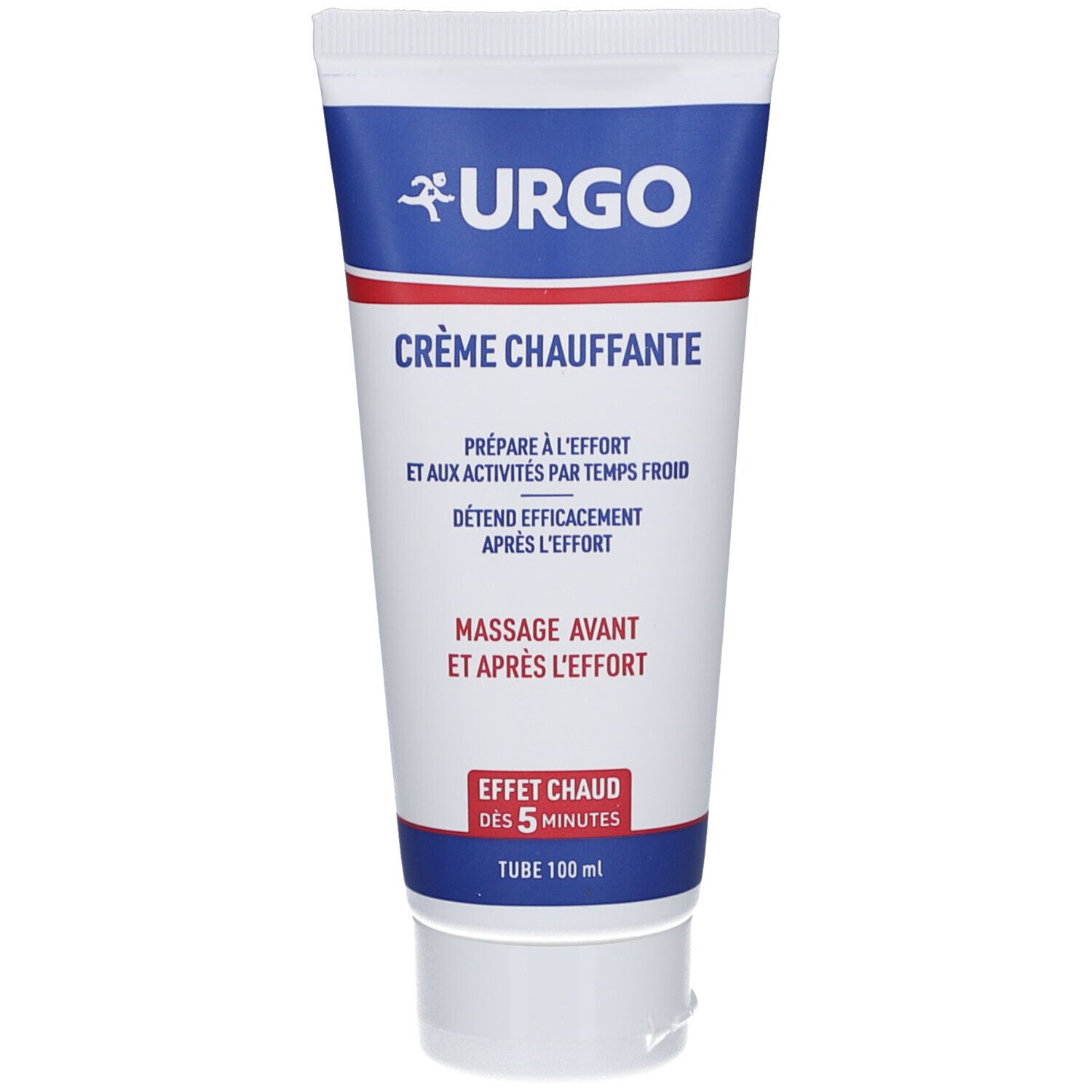 Tube mit blauer und weißer Beschriftung. Aufschrift: URGO, Crème Chauffante. Text: Prépare à l'effort, Détend efficacement, Massage avant et après l'effort.