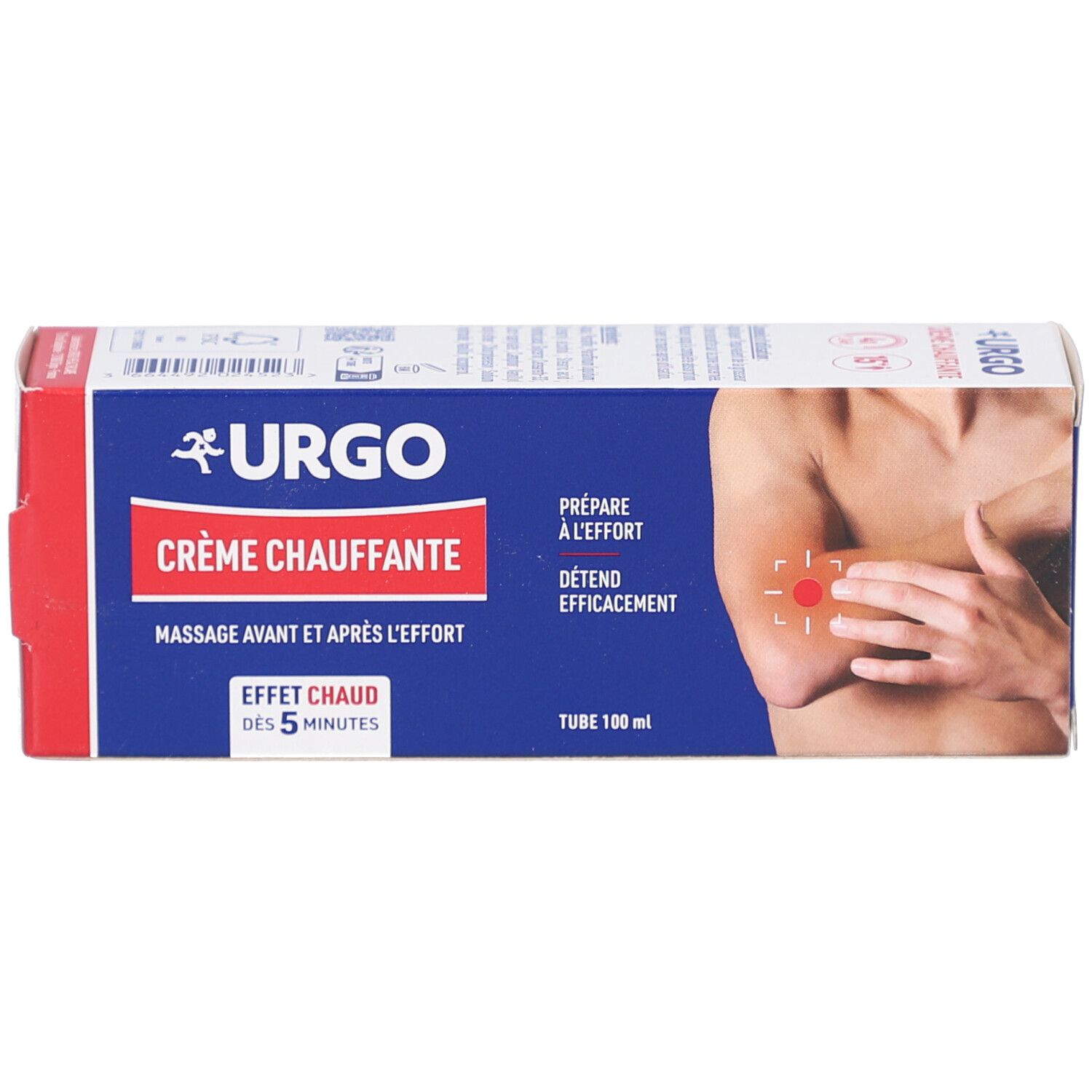 Schachtel. Aufschrift: URGO, Crème Chauffante. Text: Prépare à l'effort, Détend efficacement, Massage avant et après l'effort. Effet chaud.