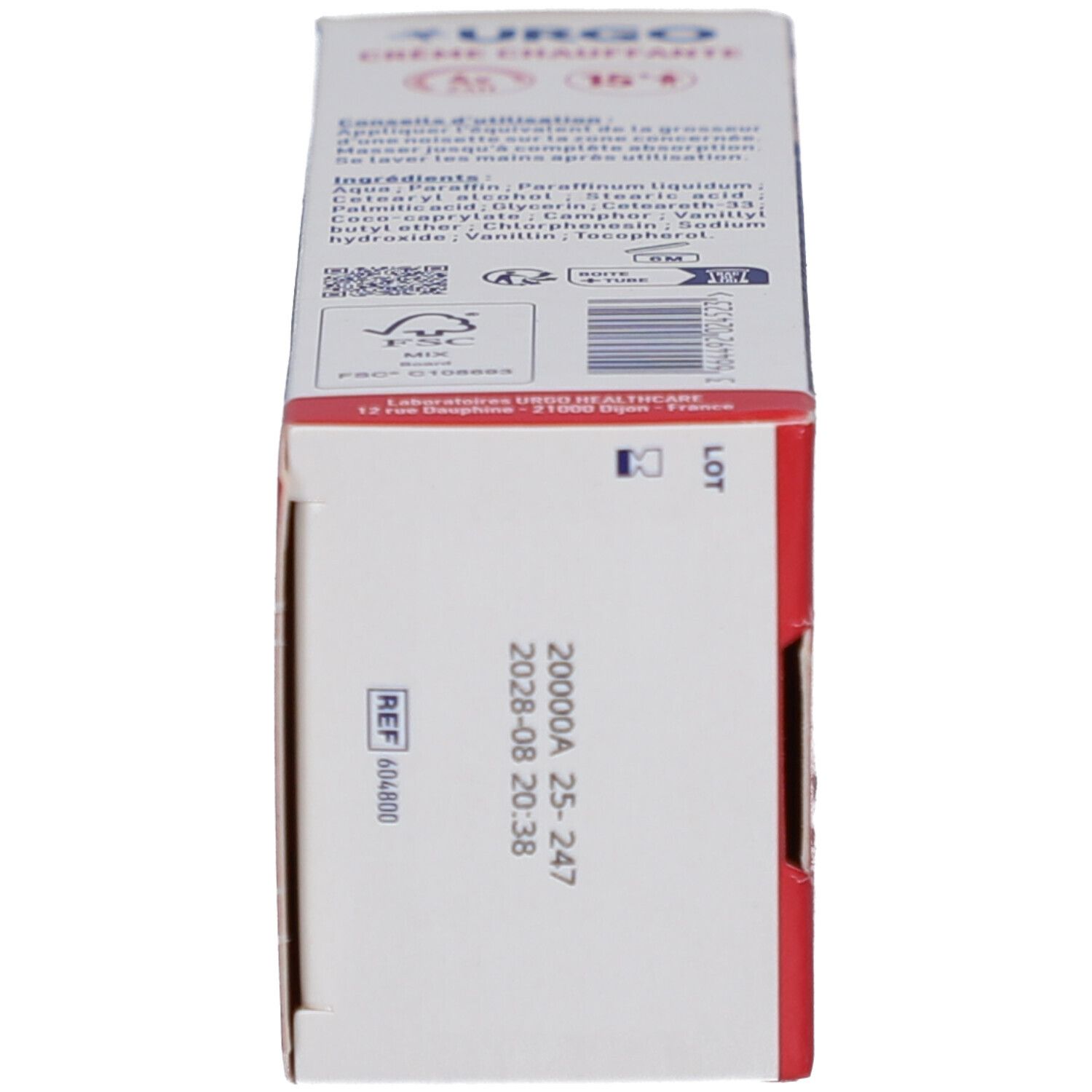 Schachtel, Seitenansicht. Aufschrift: URGO, Crème Chauffante. Text und Inhaltsstoffe. Haltbarkeitsdatum. Warnhinweise.