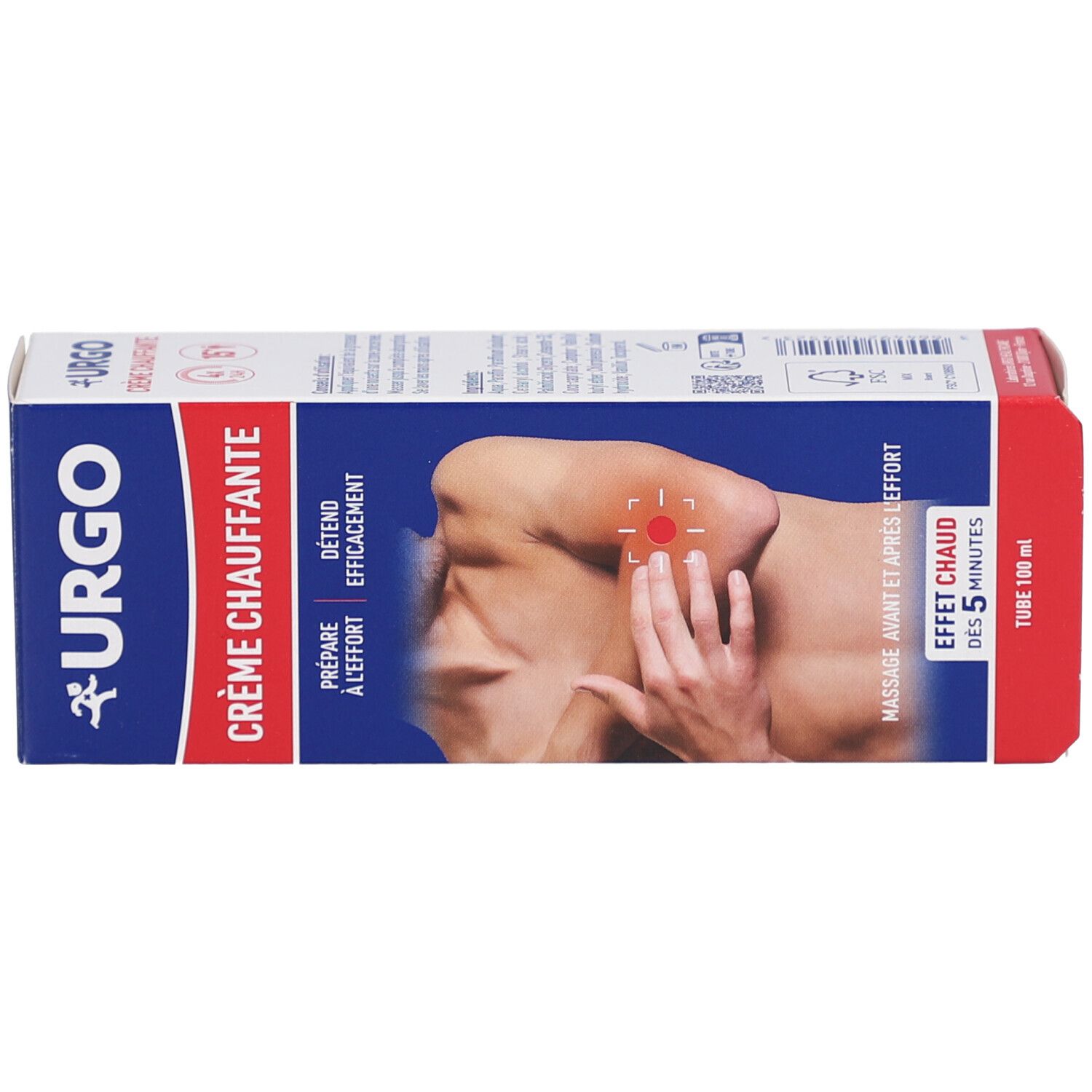 Schachtel. Aufschrift: URGO, Crème Chauffante. Text: Prépare à l'effort, Détend efficacement, Massage avant et après l'effort. Effet chaud.