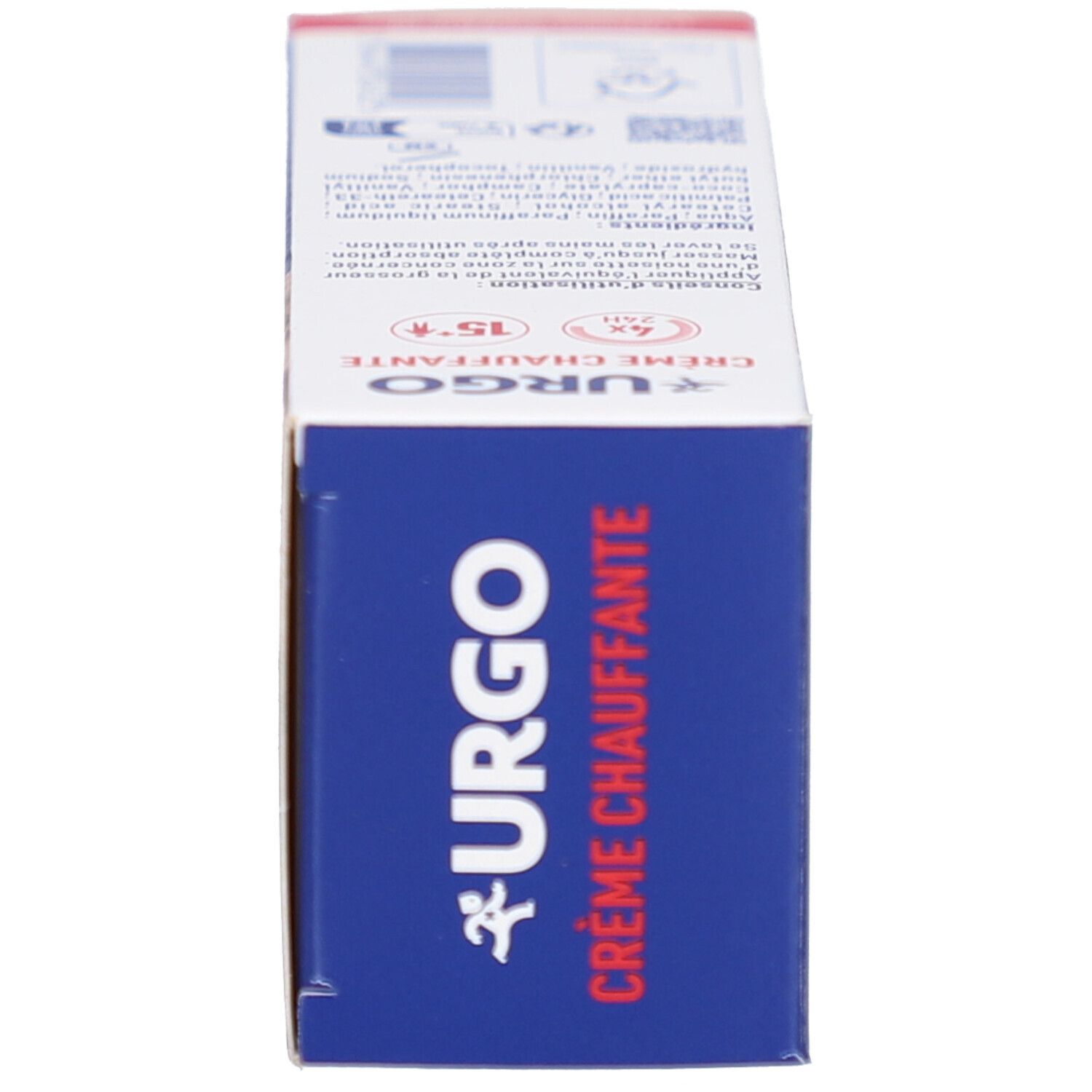 Schachtel, Seitenansicht. Aufschrift: URGO, Crème Chauffante. Text und Inhaltsstoffe. Haltbarkeitsdatum. Warnhinweise.