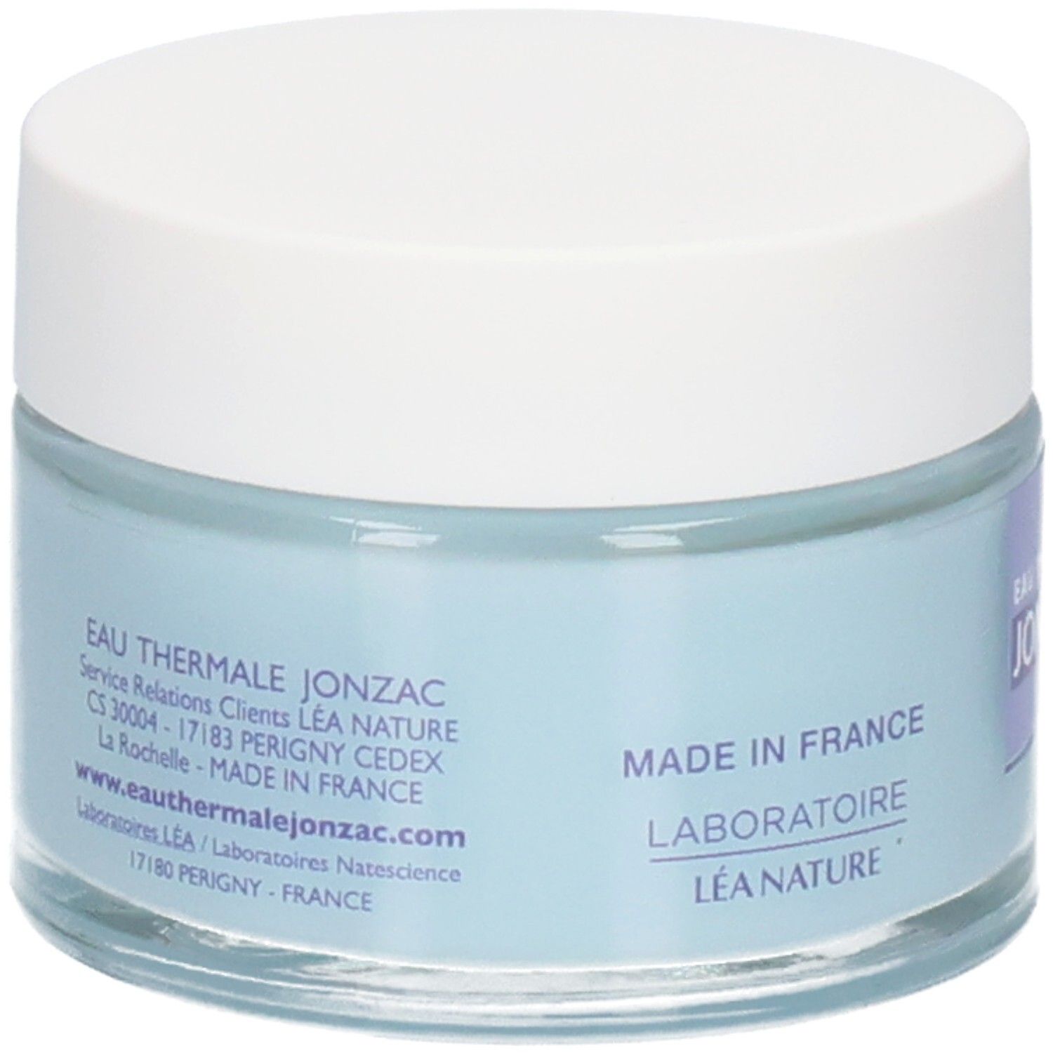 Blaues Creme-Glas mit weißem Deckel. Aufschrift: Eau Thermale Jonzac, Made in France, Laboratoire Léa Nature.