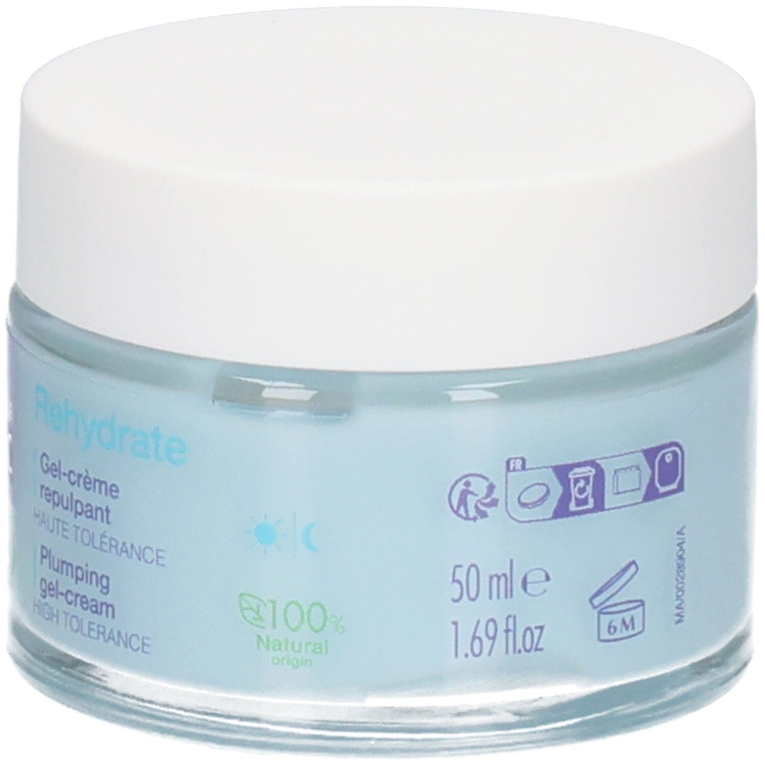 Blaues Creme-Glas mit weißem Deckel. Aufschrift: Rehydrate, 50 ml, 1.69 fl.oz, 100% Natural origin.