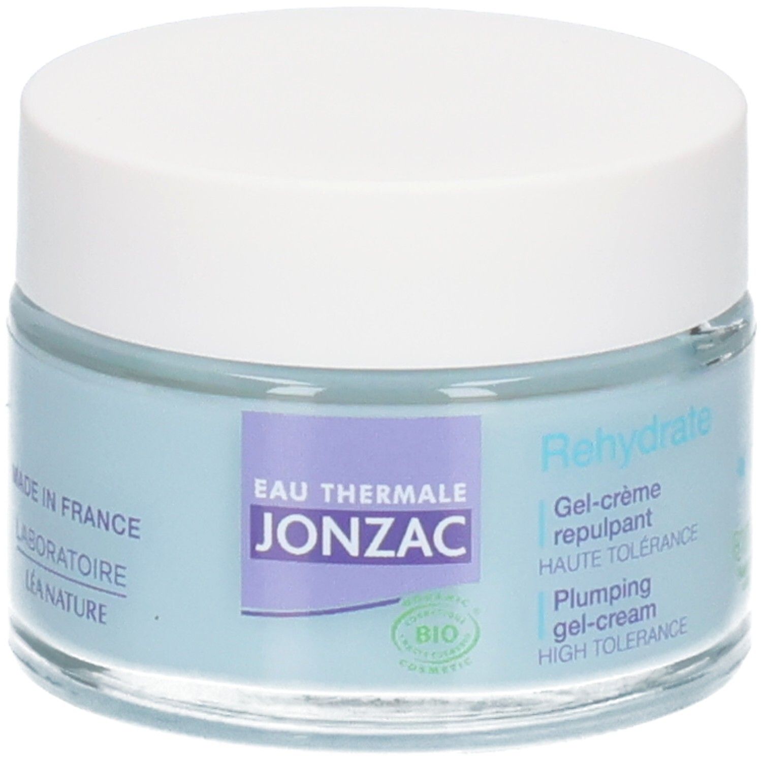 Blaues Creme-Glas mit weißem Deckel. Aufschrift: Eau Thermale Jonzac, Bio-Zertifizierung, Rehydrate.