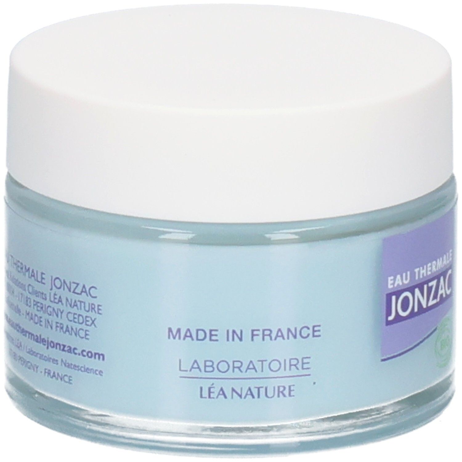 Blaues Creme-Glas mit weißem Deckel. Aufschrift: Eau Thermale Jonzac, Made in France, Laboratoire Léa Nature.