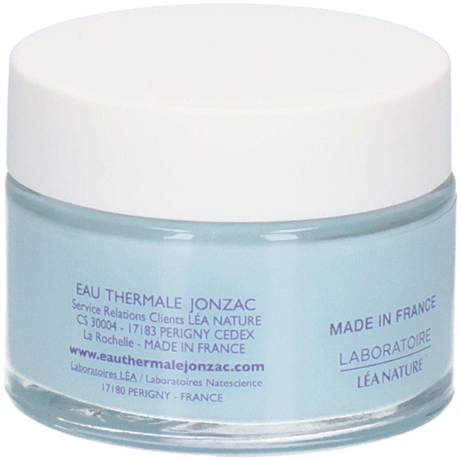 Blaues Creme-Glas mit weißem Deckel. Aufschrift: Eau Thermale Jonzac, Made in France, Laboratoire Léa Nature.
