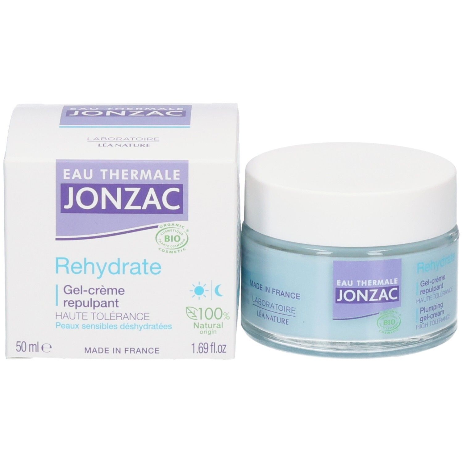 Creme-Glas und Schachtel. Aufschrift: Eau Thermale Jonzac, Rehydrate, 50 ml, 1.69 fl.oz, Bio-Zertifizierung.