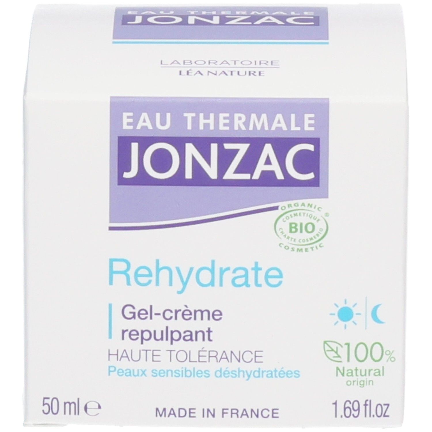 Weiße Schachtel. Aufschrift: Eau Thermale Jonzac, Rehydrate, 50 ml, 1.69 fl.oz, Bio-Zertifizierung.