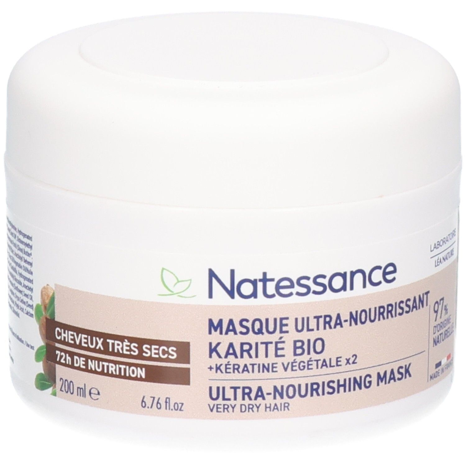 Weißer Tiegel mit Deckel. Aufschrift: Natessance, Masque Ultra-Nourrissant, Karité Bio, 72h Nutrition. 97% natürliche Inhaltsstoffe.