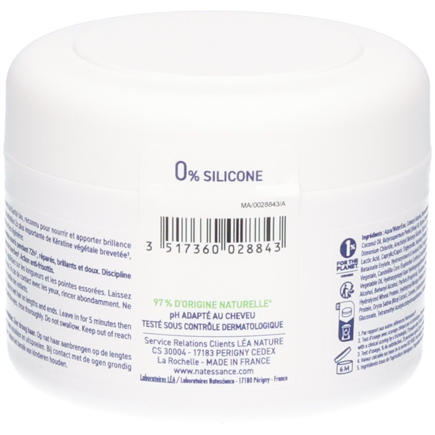 Rückseite des weißen Tiegels. Aufschrift: 0% Silicone, Barcode, 97% natürliche Herkunft, pH-angepasst. Text in Französisch.