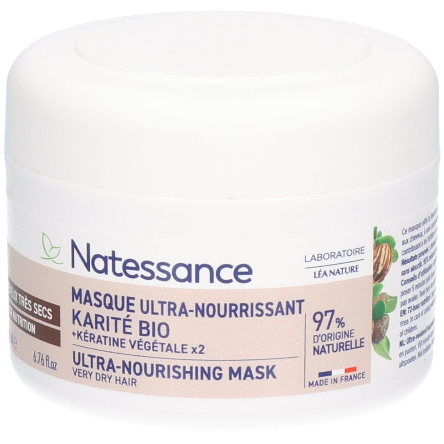 Weißer Tiegel mit Deckel. Aufschrift: Natessance, Masque Ultra-Nourrissant, Karité Bio, 72h Nutrition. 97% natürliche Inhaltsstoffe.